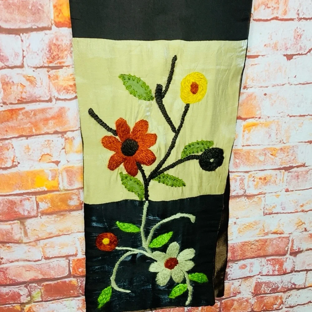 Chocolate Brown Satin Floral Embroidered Scarf